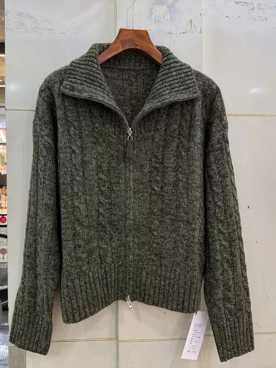 Double-zip lapel-collar wool knit cardigan — Style 622-603