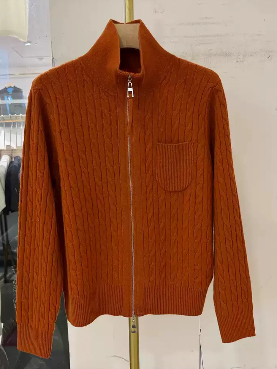 Zip-front stand-collar knit cardigan — autumn — Style 623-8010