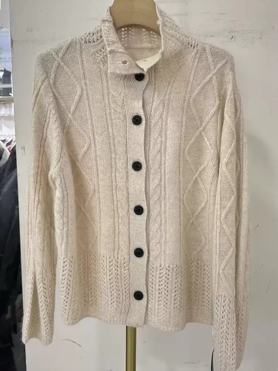 Women's cable-knit single-breasted stand-collar cardigan · 98059