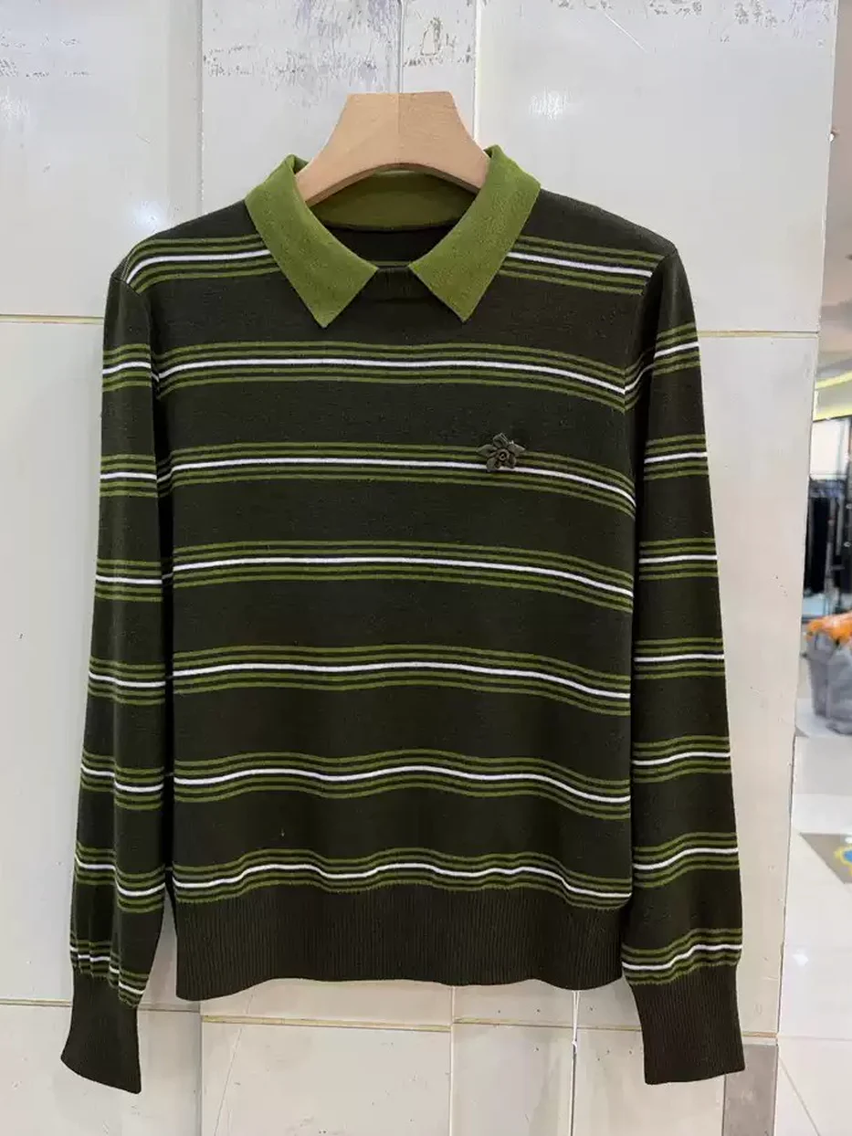 Women's colour-block striped lapel wool knit top · 98059