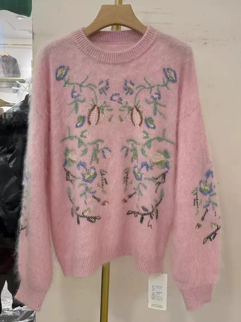 Embroidered crew-neck knit sweater — Style 745-T004