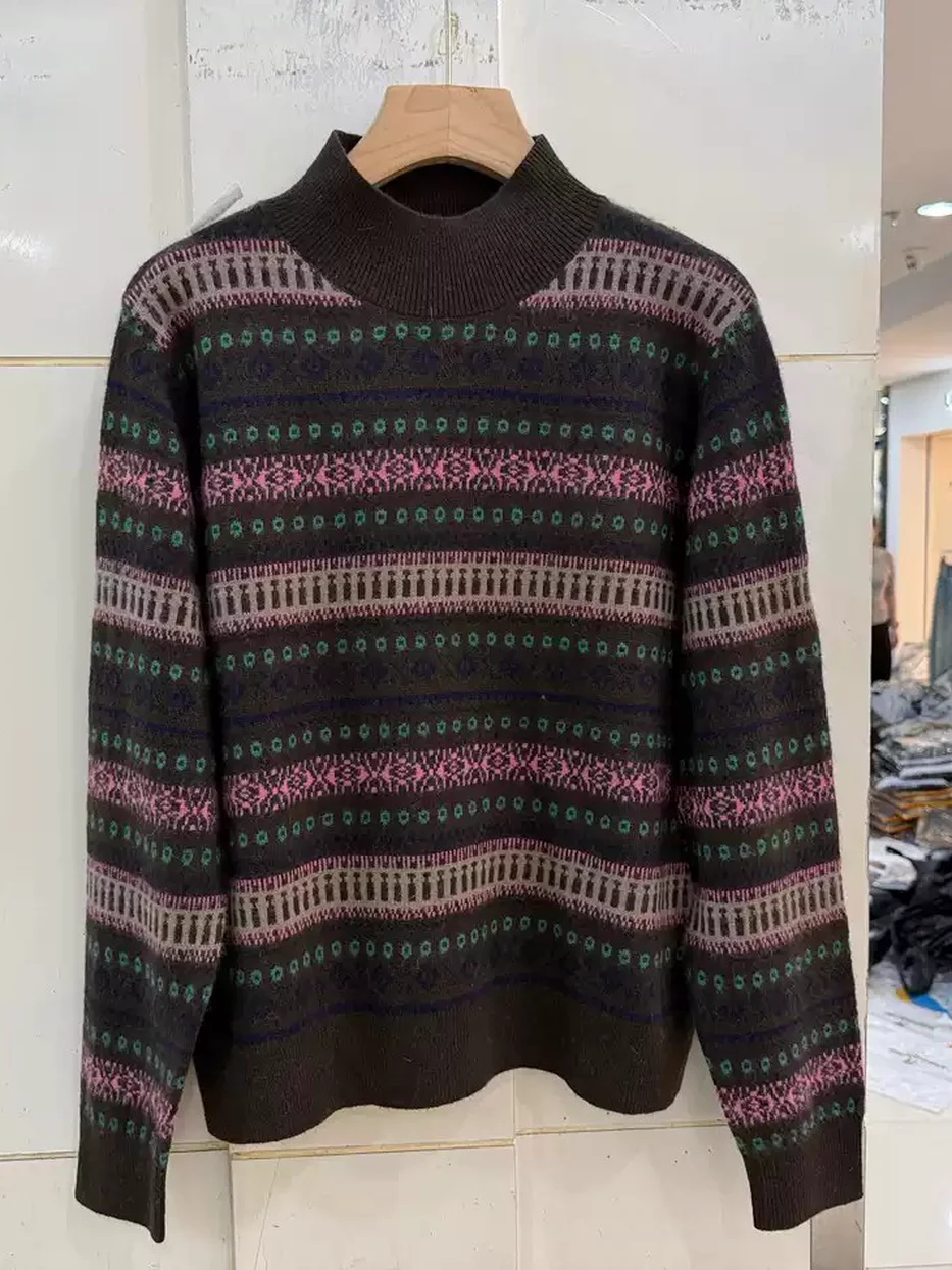Women's striped mock-neck black knit top — Style 7616