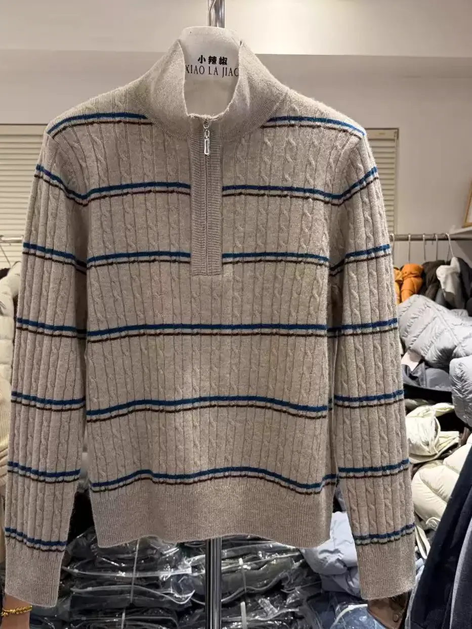 Women's colour-block striped zip stand-collar knit top · 98059