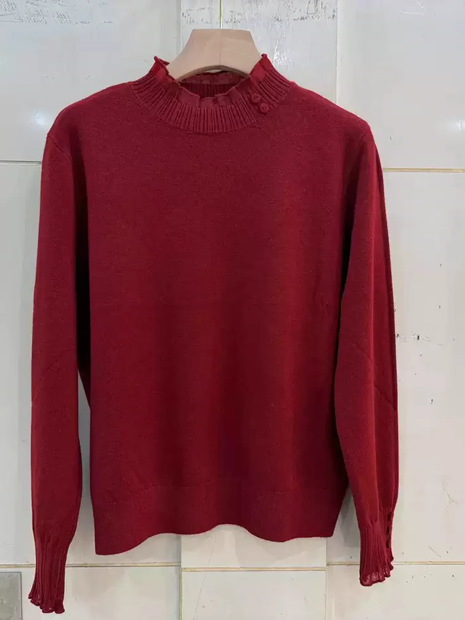 Women's ruffle-trim stand-collar knit top · 98059
