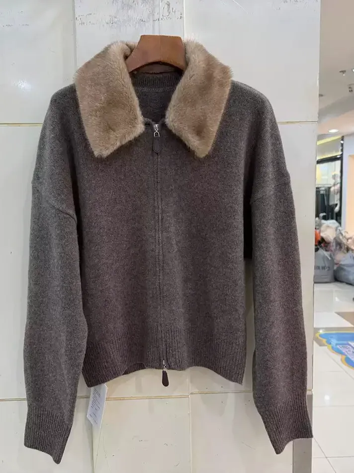 Women's double-zip lapel wool cardigan — Style 8W-89159