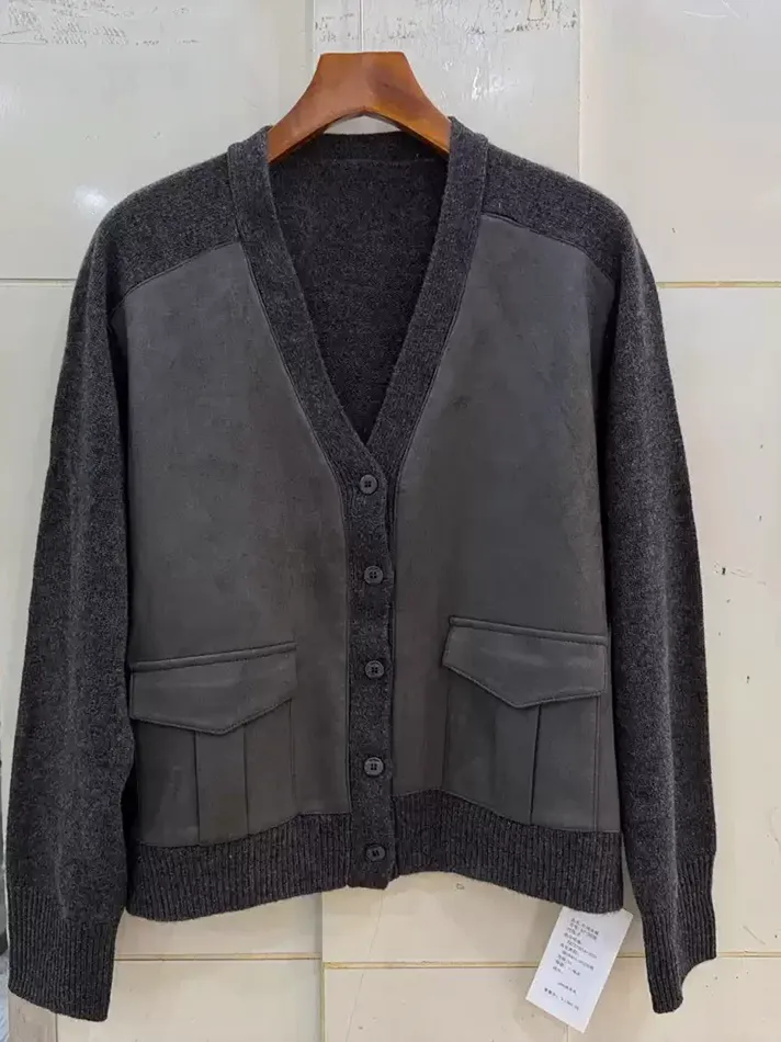 Women's panelled v-neck suede cardigan — Style 97-3858