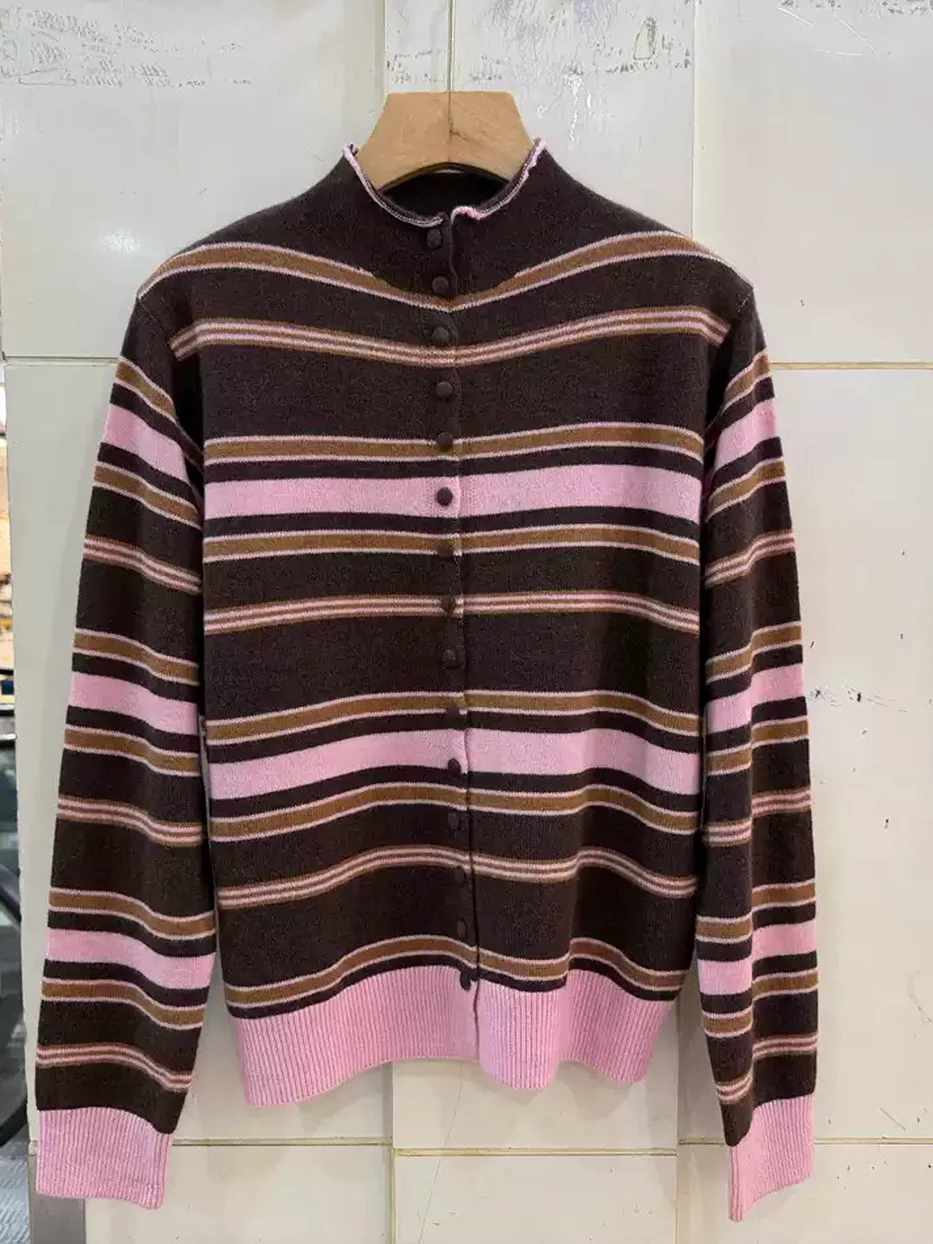 Women's colour-block stand-collar cardigan · 98059