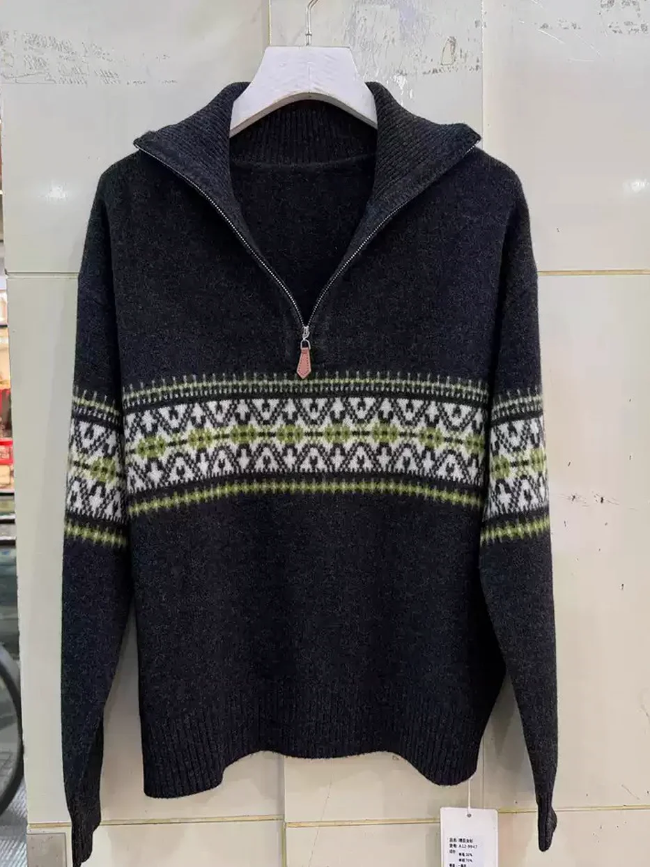 Zip-front stand-collar wool knit sweater — autumn-winter · A12-9947