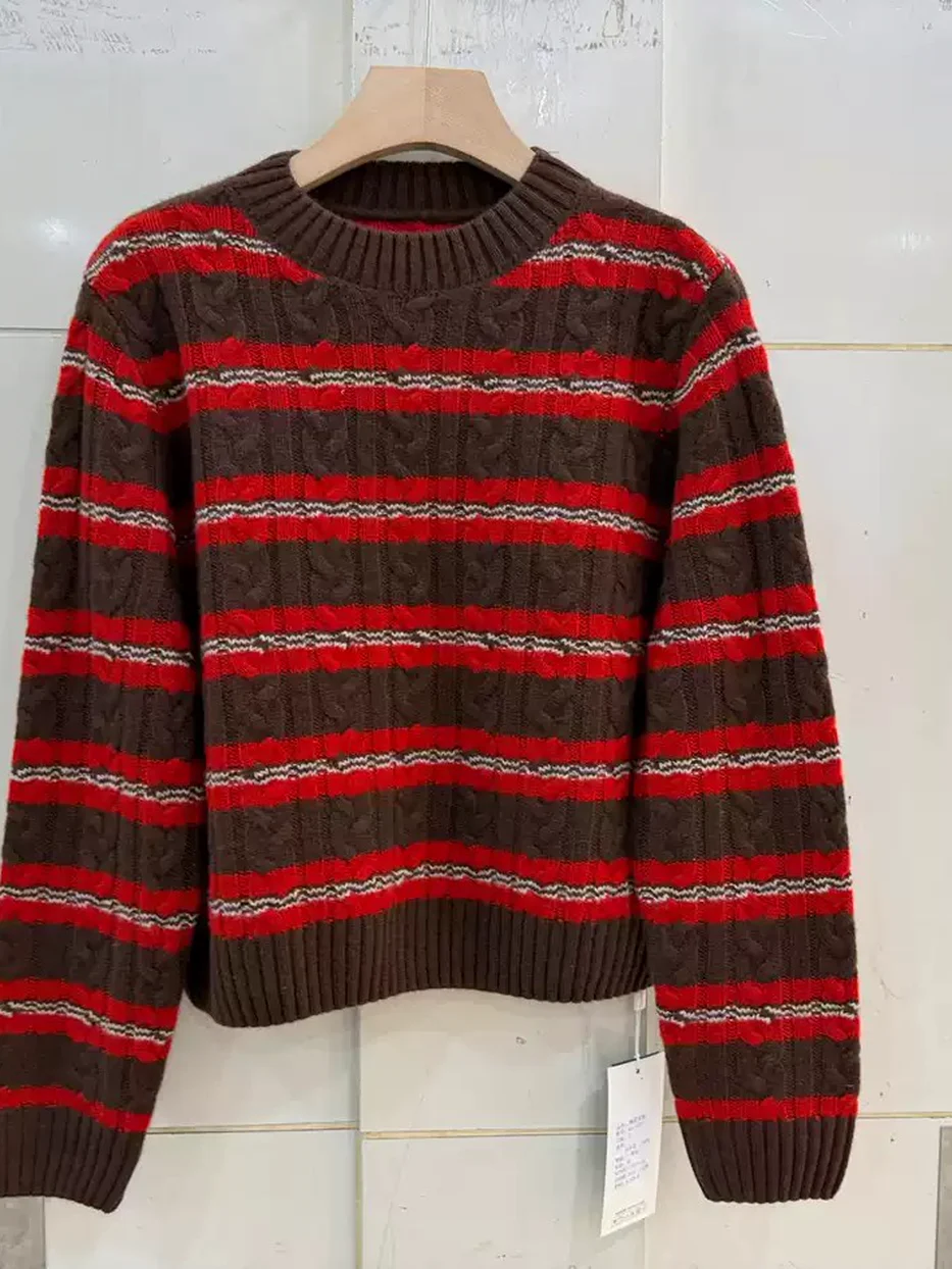 Women's cable-knit colour-block wool knit top · 98059