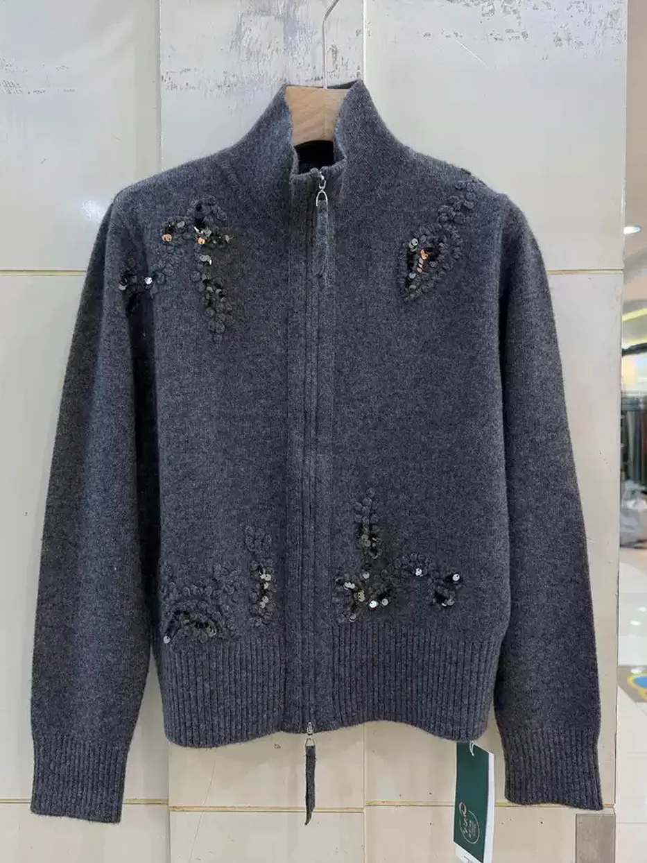 Double-zip stand-collar knit sweater, relaxed fit — Style H100-627