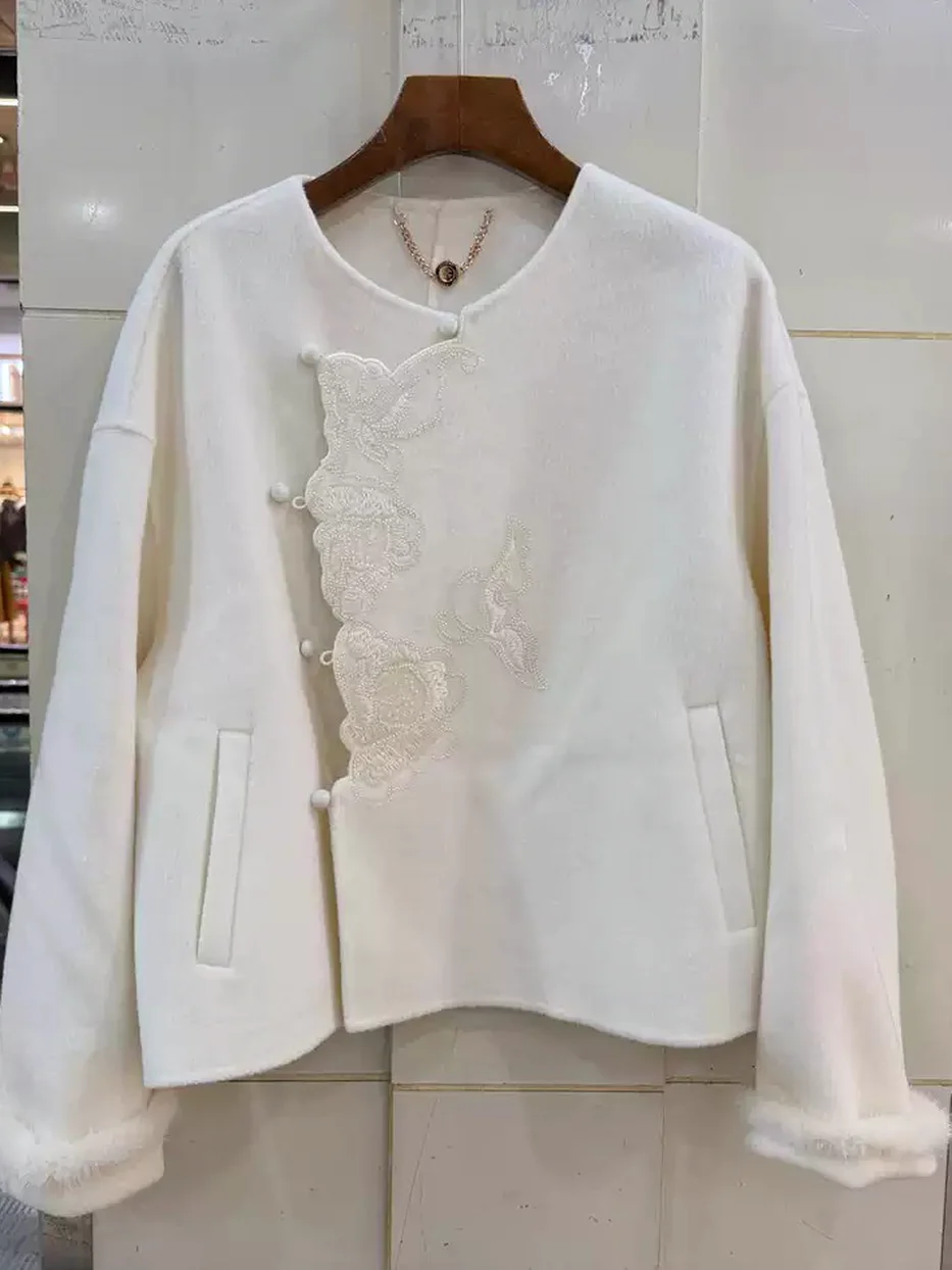 Women's buckle-placket embroidered wool coat — Style 113-28760