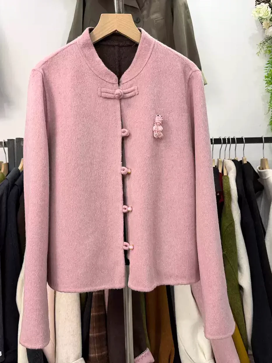 Women's embroidered frog-button wool coat · 98059