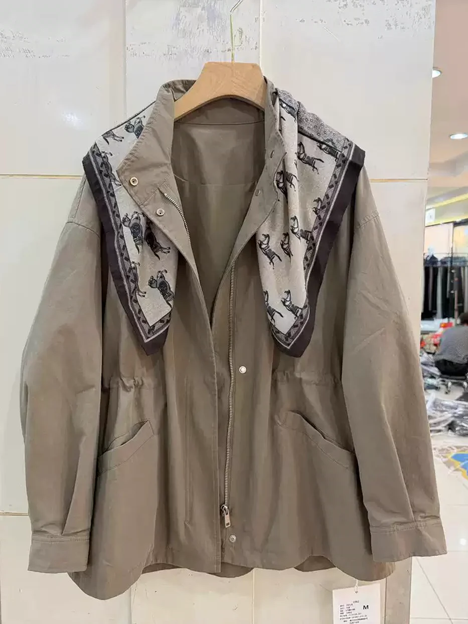 Zip-front stand-collar trench coat, cinched-waist fit 26120 — Style 26120