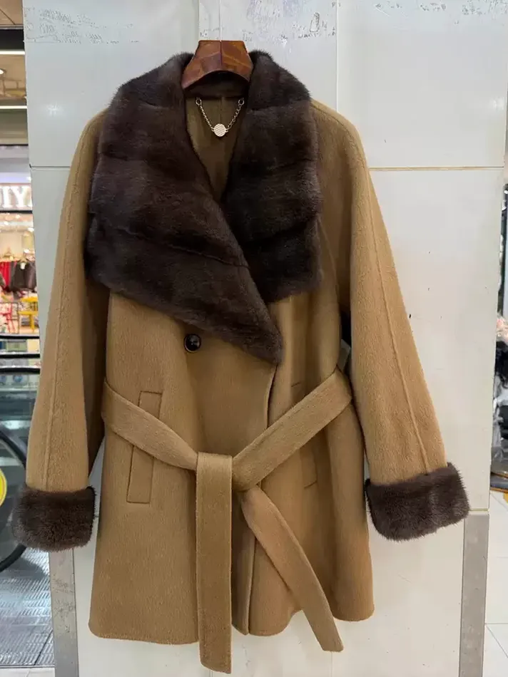 Women's lapel cashmere cinched-waist coat — Style 88SM-1026