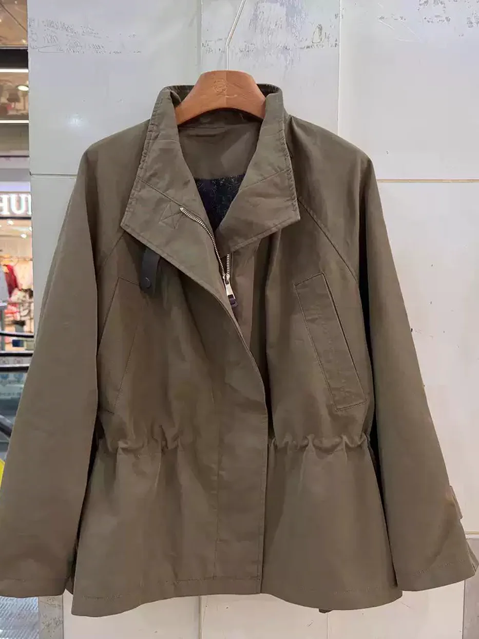 Zip-front stand-collar trench coat, cinched-waist fit — Style A6185