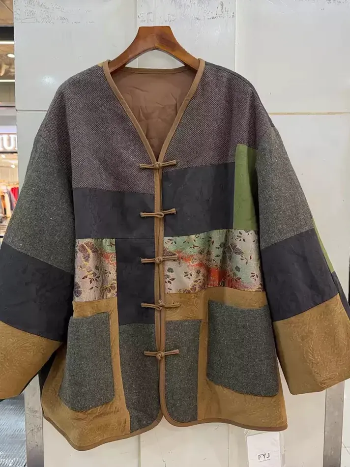 Women's frog-closure v-neck silk padded coat — Style TA-7166
