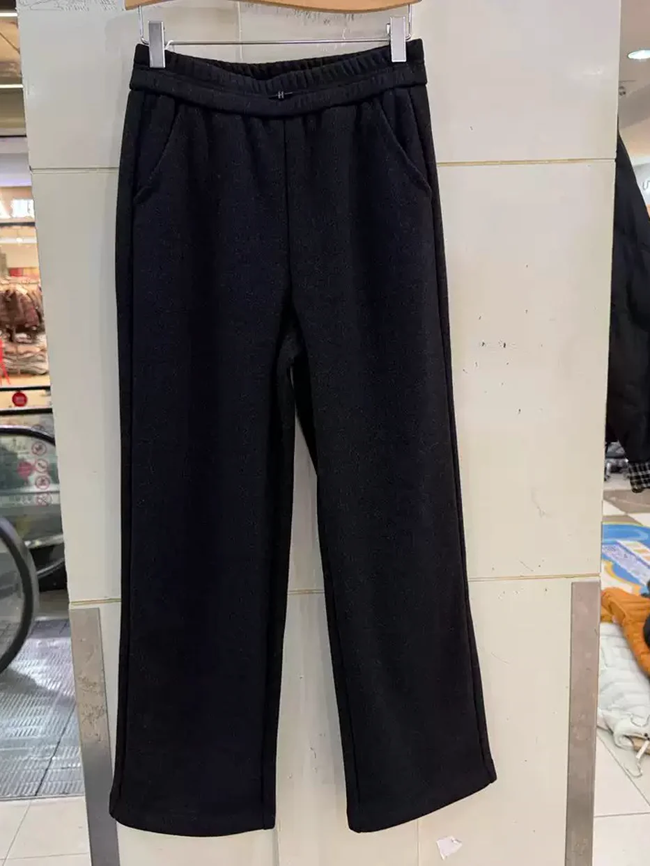 Women's elastic-waist fleece-lined high-rise black trousers — Style 26786
