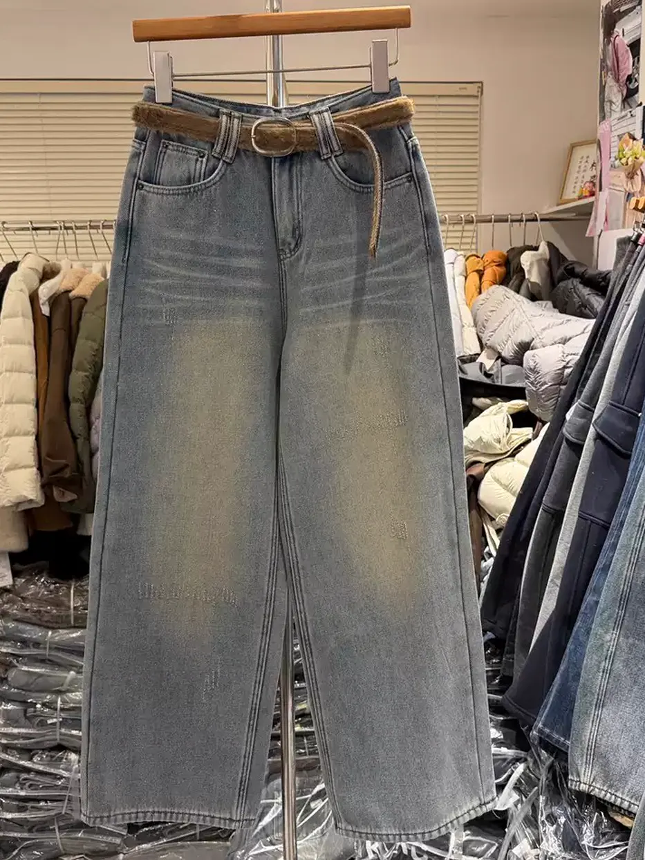 Women's denim fleece-lined straight dark-blue jeans — Style 2831
