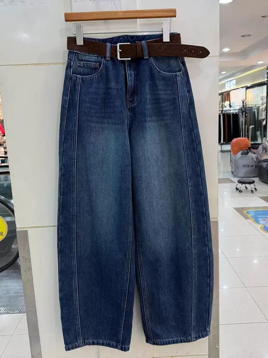 Women's denim fleece-lined curved-leg belted dark-blue jeans — Style 6083-1094622621800