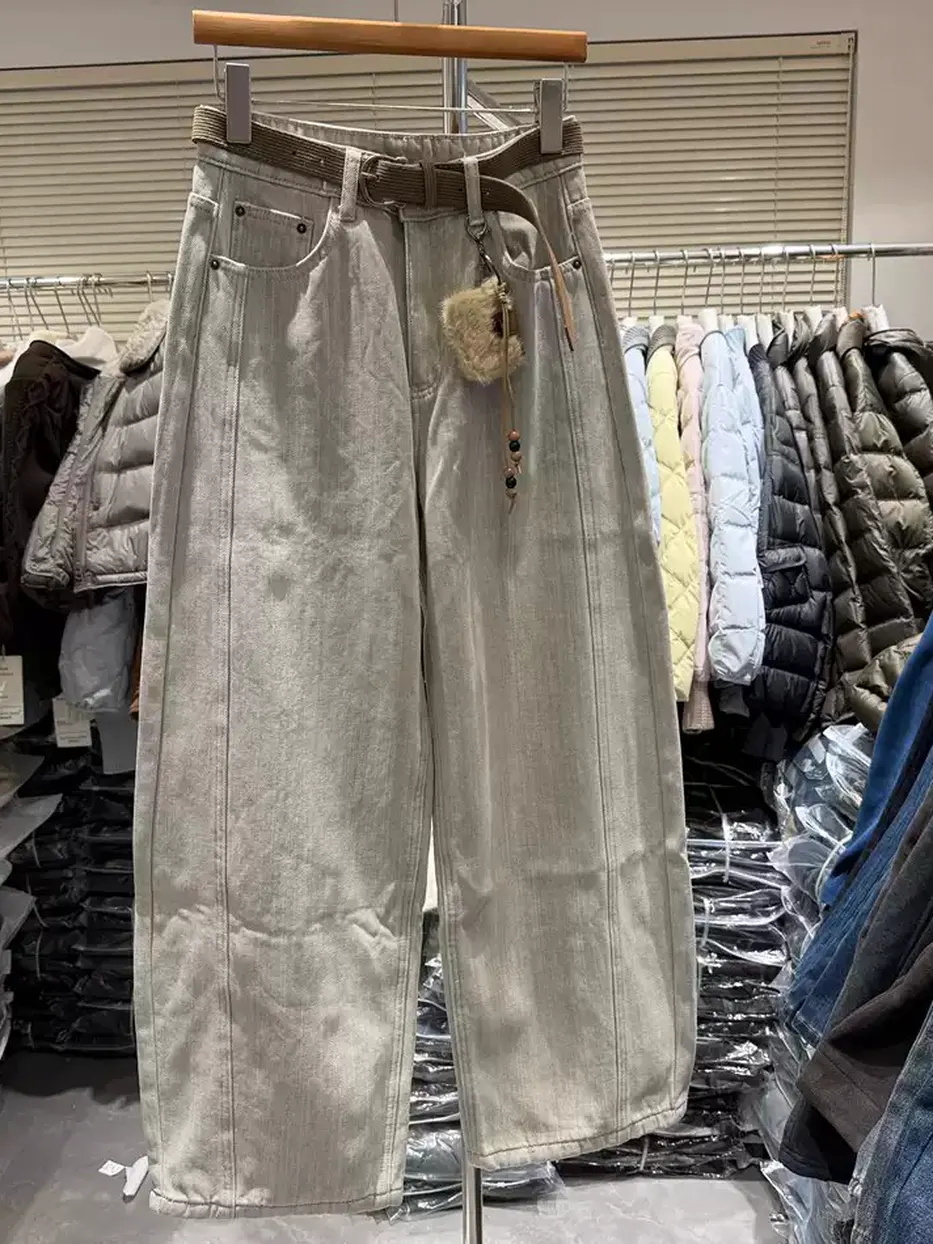 Women's denim fleece-lined curved-leg grey jeans — Style 6098-1