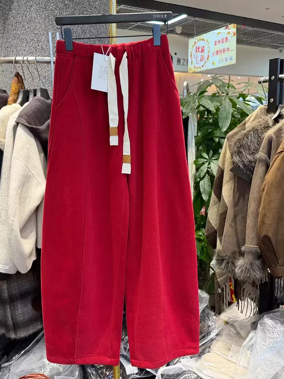Women's fleece-lined curved-leg burgundy joggers — Style 6255