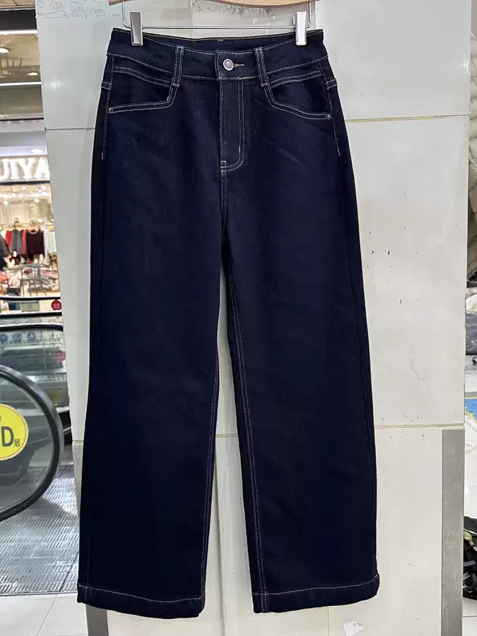 Women's black-denim fleece-lined straight jeans · 98059