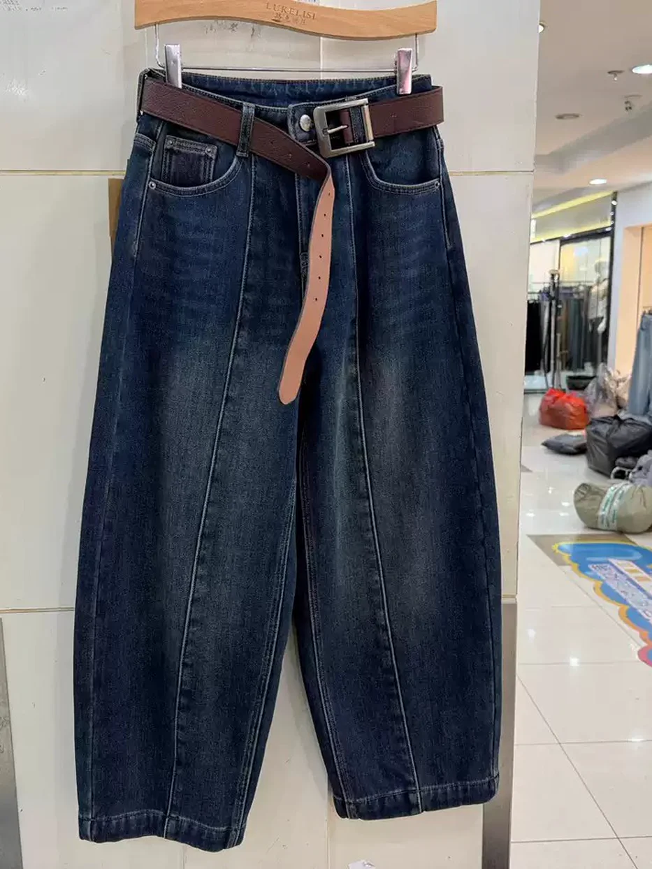 Women's denim heavyweight curved-leg belted jeans — Style 66172