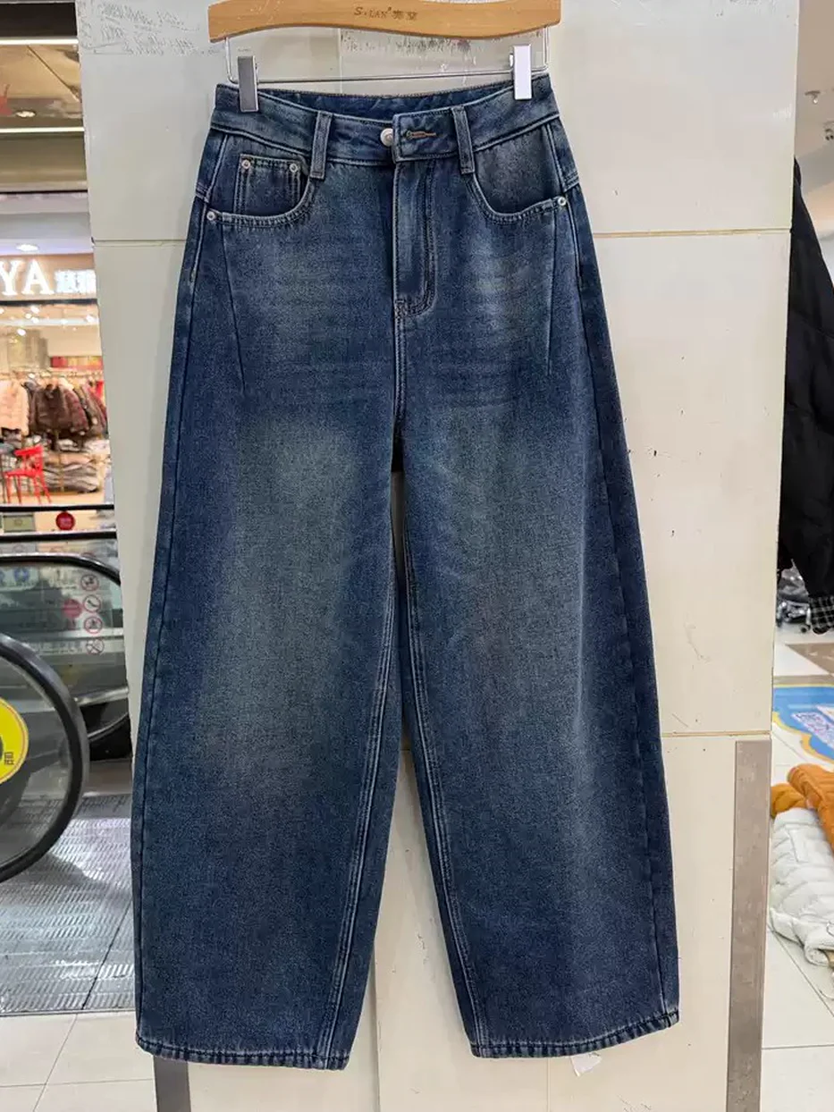 Women's denim fleece-lined curved-leg high-rise mid-blue jeans — Style 66193