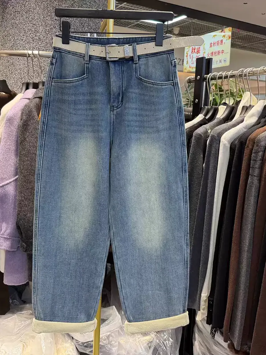 Women's denim fleece-lined high-rise belted jeans — Style 66330