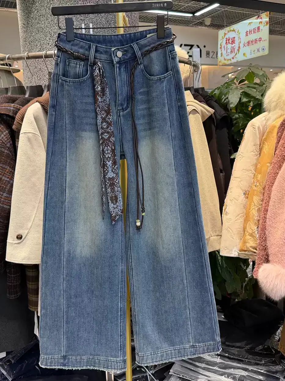Women's denim fleece-lined wide-leg jeans — Style 66338