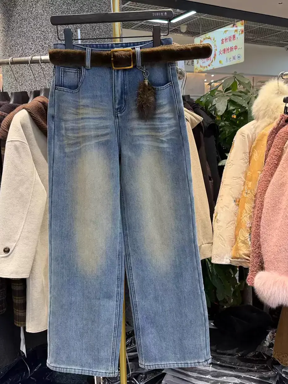 Women's belted denim plush jeans — Style 66379
