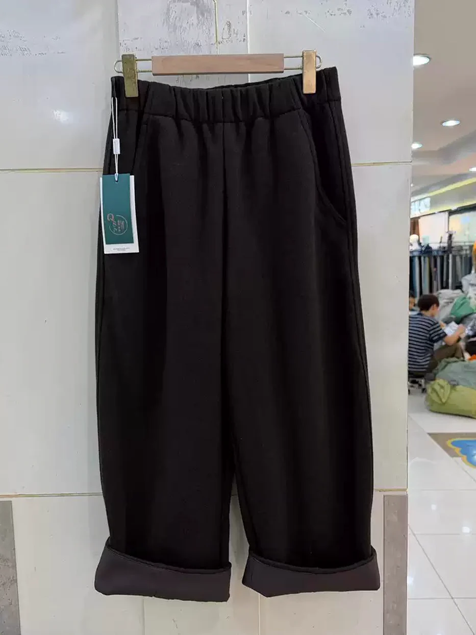 Women's elastic-waist high-rise straight black trousers · 98059
