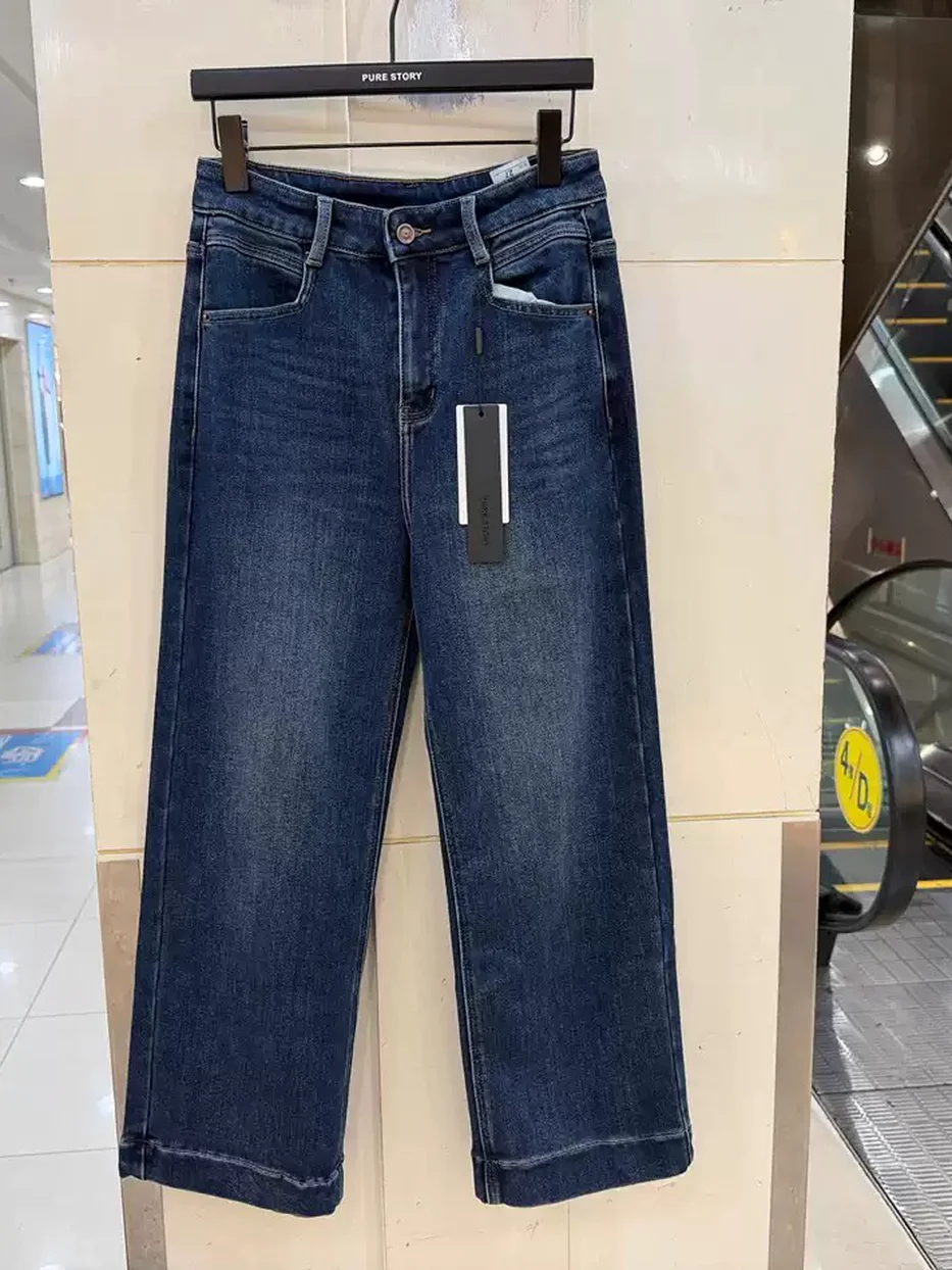 Women's denim fleece-lined straight office jeans — Style 8003-1094780874157