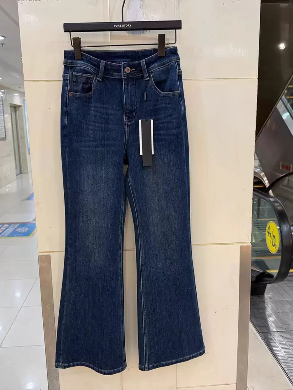 Women's denim fleece-lined flared slim dark-blue jeans — Style 8009