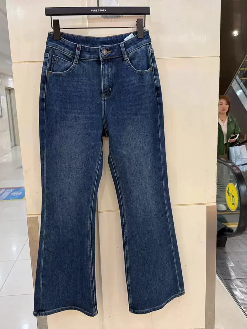 Women's denim fleece-lined flared slim mid-blue jeans — Style 8012