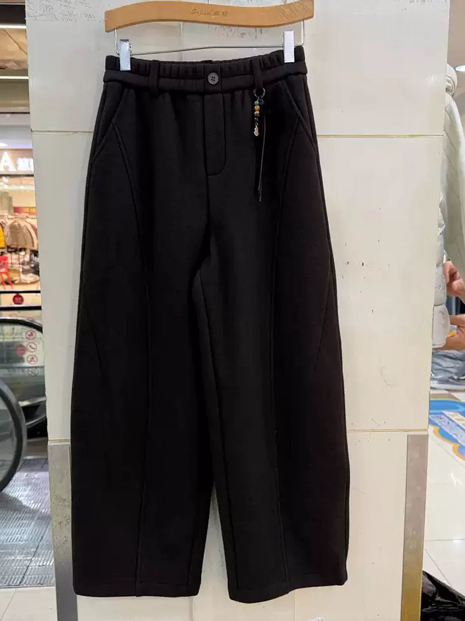 Women's black elastic-waist fleece-lined curved-leg high-rise trousers — Style 8111