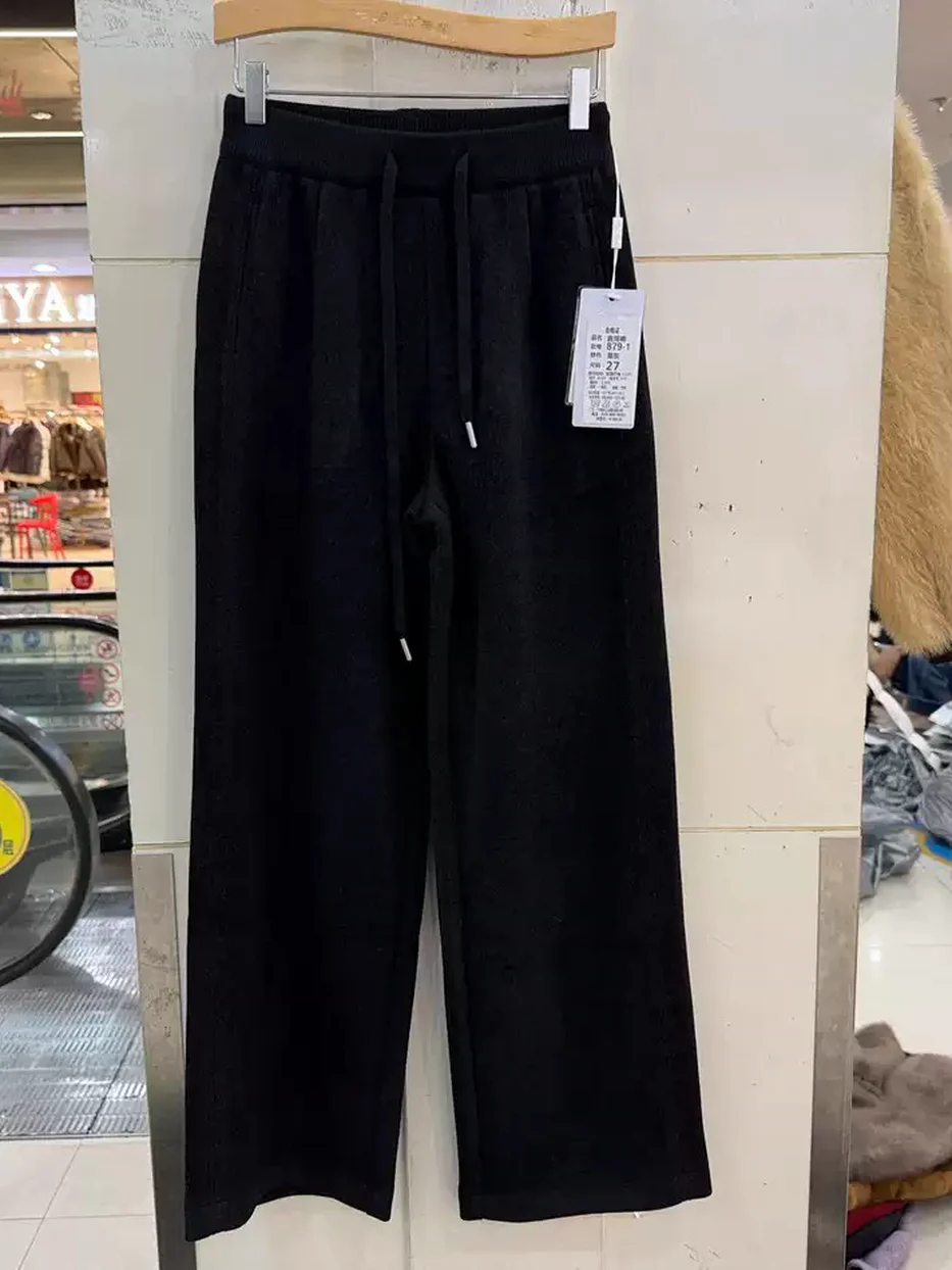 Women's elastic-waist fleece-lined high-rise straight trousers — Style 879