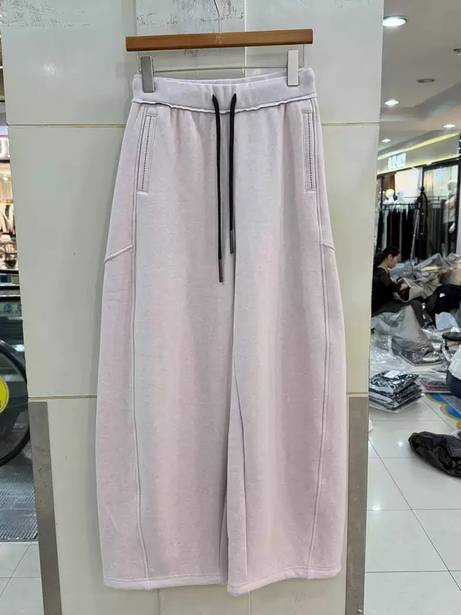 Women's elastic-waist fleece-lined high-rise slim straight wide-leg trousers — Style 8W91228
