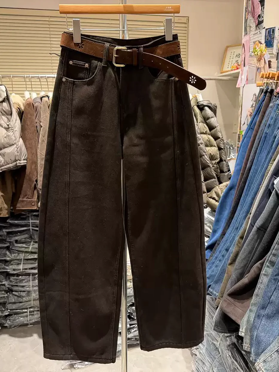 Women's denim fleece-lined curved-leg brown jeans — Style F251