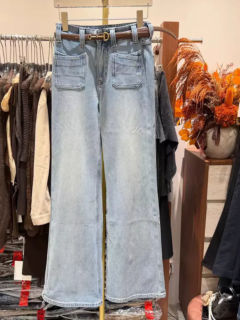 Women's denim fleece-lined flared slim light-blue jeans · 98059