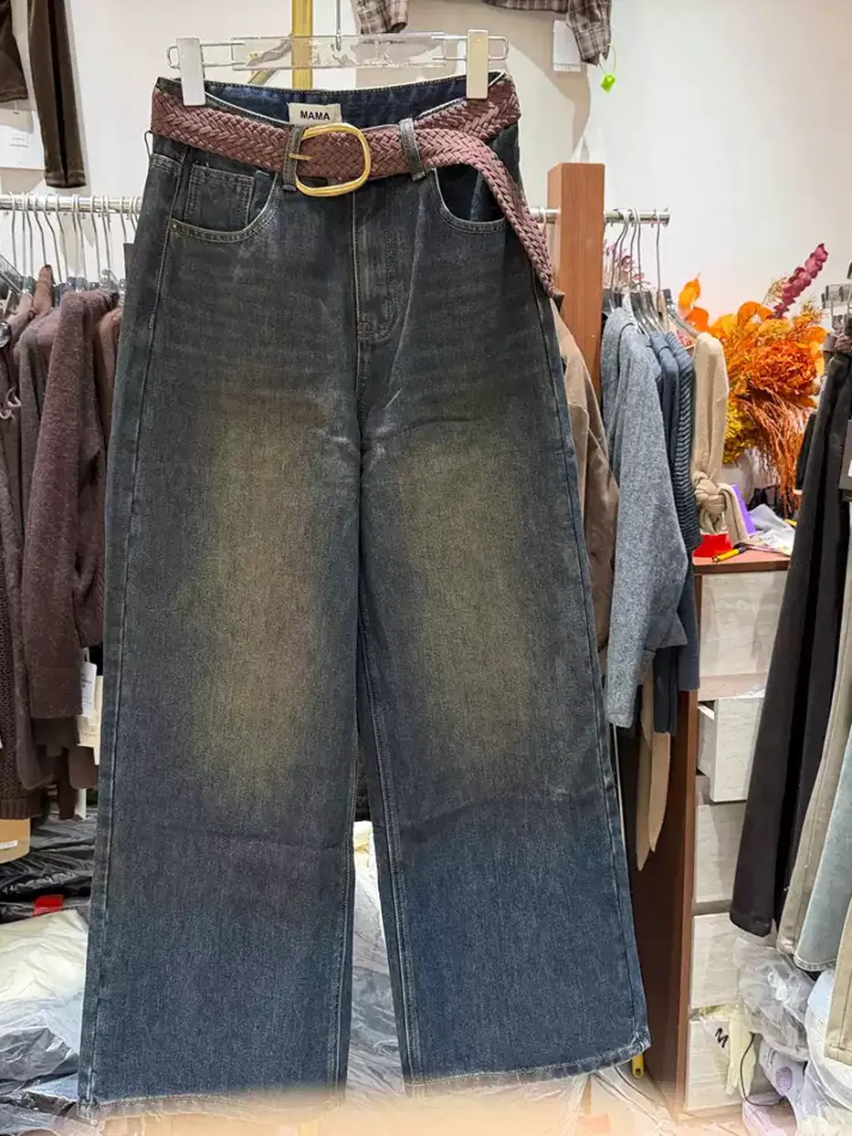 Women's belted denim fleece-lined high-rise jeans — Style Q135