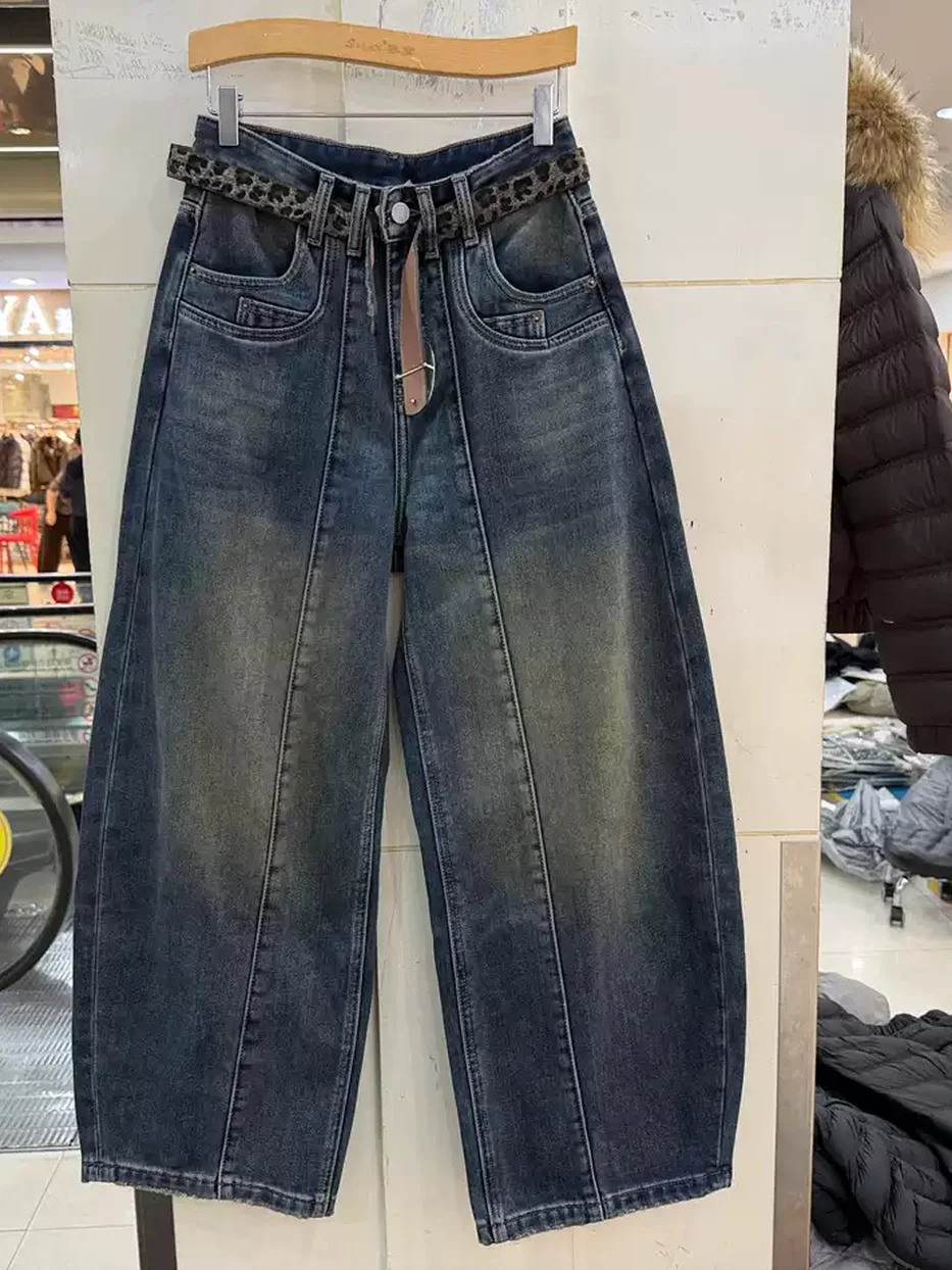 Women's denim fleece-lined curved-leg belted mid-blue jeans — Style S93674