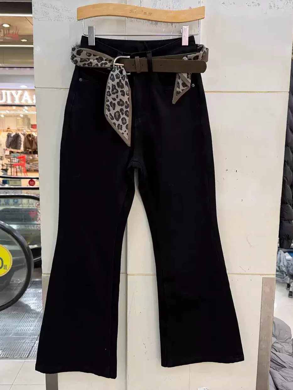 Women's denim fleece-lined flared slim black jeans — Style S93686