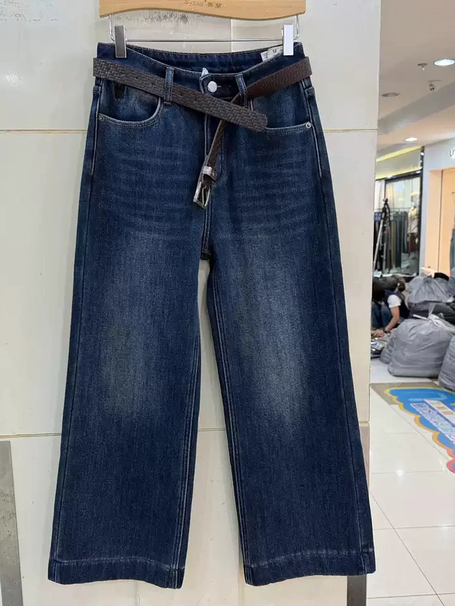 Women's denim fleece-lined straight belted jeans — Style S93709