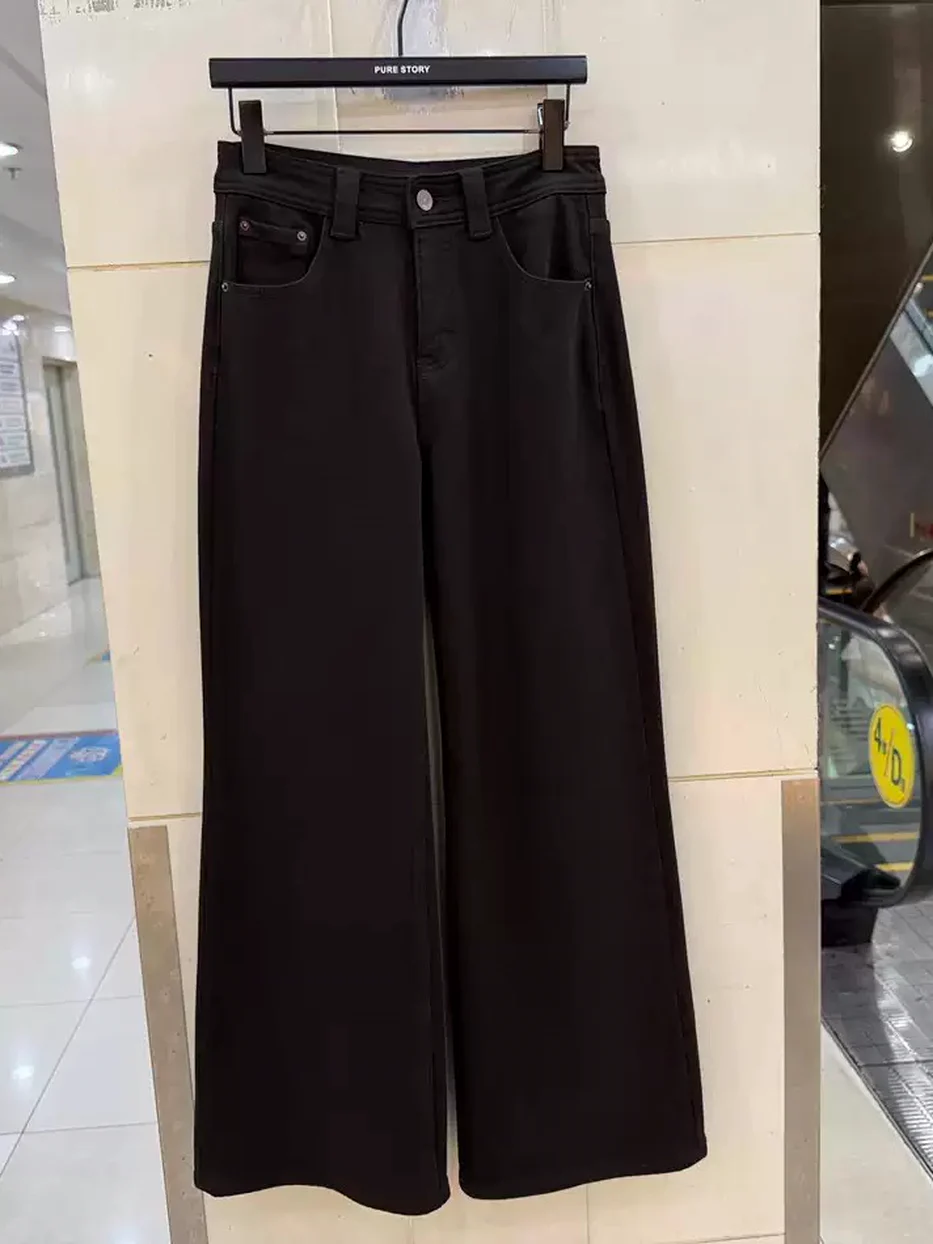 Women's denim fleece-lined flared black jeans — Style T8052