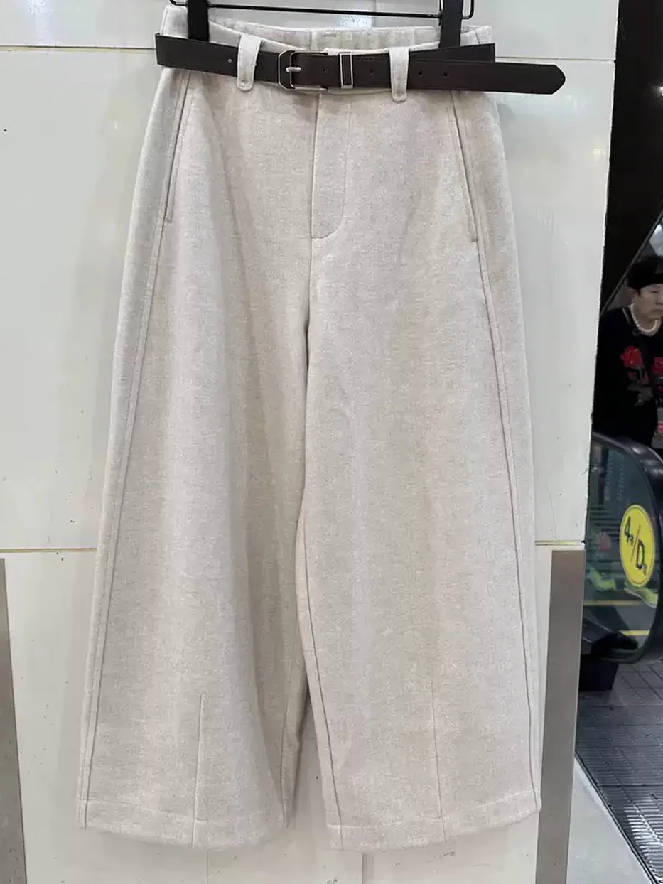 Women's elastic-waist heavyweight curved-leg wide-leg trousers — Style W86169
