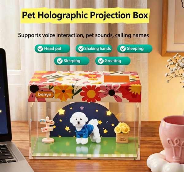 Cute Pet Workshop 3D hologram pet memorial — family enjoying the device on a coffee table