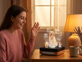 Cute Pet Workshop 3D hologram pet memorial — couple looking at the hologram together in their living room