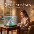 Cute Pet Workshop 3D hologram pet memorial — the device on a bathroom shelf at home